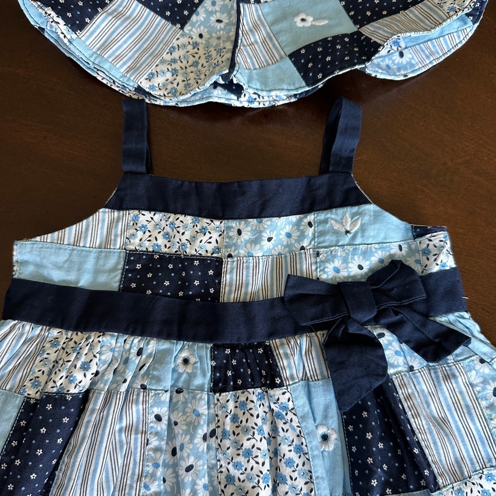 EUC Janie & Jack 2007 Blue Patchwork Dress & Matching‎ Hat Set, Size 2T - Picture 3 of 6